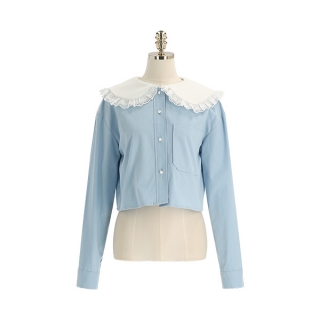 로맨틱한 레이스 카라 디테일의 셀럽 스타일 크롭 블라우스 blouse
