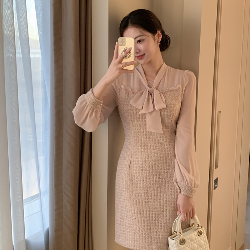 [울함유] 스페셜한 금사 트위드 패브릭 쉬폰 리본 타이 배색 미니 원피스 dress