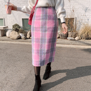 sk5272 헤어감이 돋보이는 패브릭의 배색 체크 패턴 울 혼방 H라인 롱 스커트 skirt