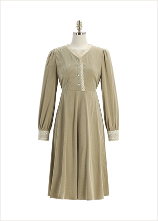 op13129 로맨틱한 레이스 디테일의 골덴 롱 플레어 원피스 dress