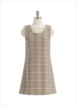 op13132 로맨틱 체크 패턴의 부클 트위드 민소매 미니 원피스 dress