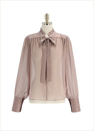 bs6627 로맨틱한 타이 리본 포인트의 시스루 셔링 하이넥 블라우스 blouse