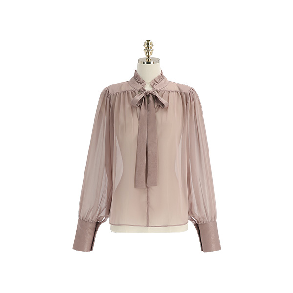 bs6627 로맨틱한 타이 리본 포인트의 시스루 셔링 하이넥 블라우스 blouse
