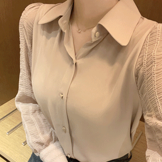 소매 시스루 쉬폰 패브릭 포인트의 카라 셔츠 블라우스 blouse