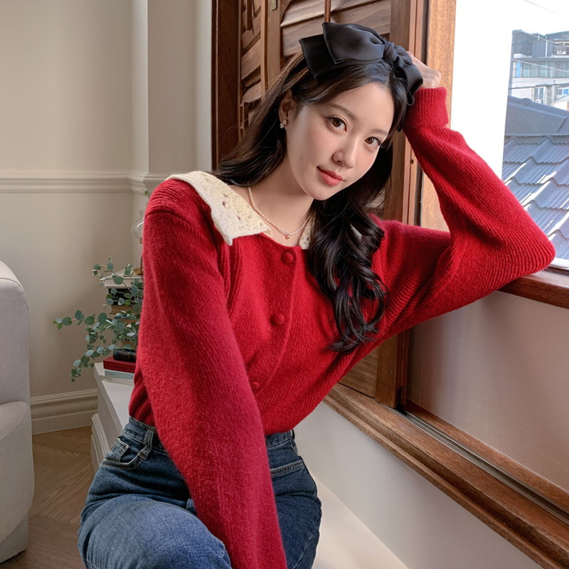 [울함유] 뜨개 카라넥 디자인의 벌룬소매 배색 니트 가디건 cardigan 벚꽃룩