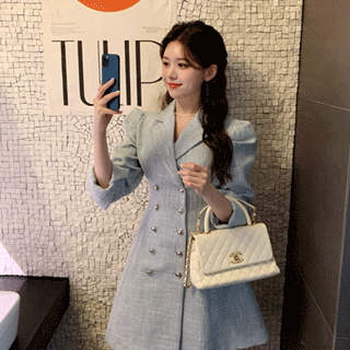 op13190 하이퀄리티 공정으로 제작된 샤이닝 트위드 소재의 퍼프숄더 A라인 더블카라 미니 원피스 dress