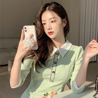 로맨틱 배색카라 7부 트위드 원피스 dress