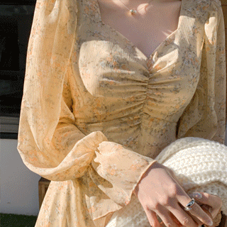 op13206 언제나 사랑받는 플라워 패턴의 셔링 하트넥 요루 쉬폰 플레어 롱 드레스 dress