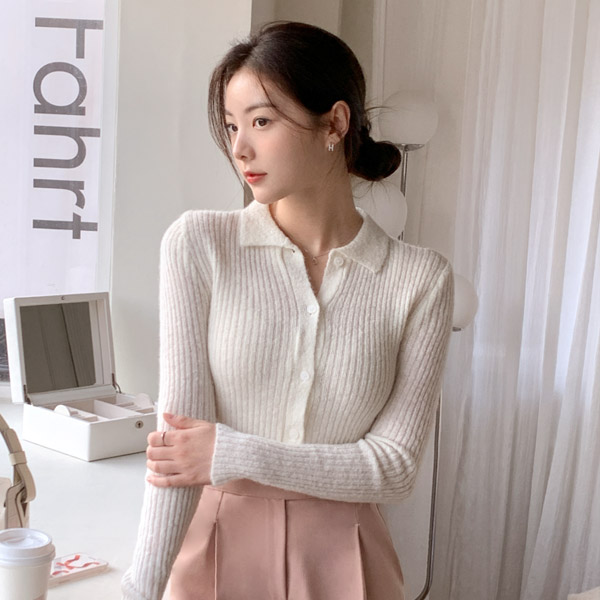 슬림핏 카라 단추 골지 니트 가을 가디건