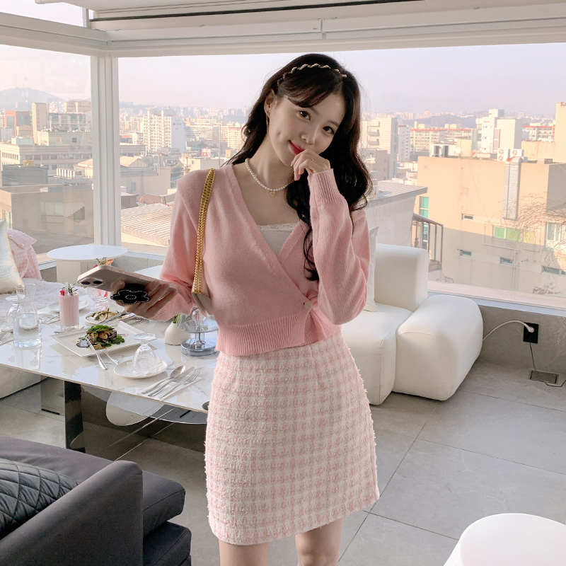 믹스 트위드 패브릭의 H라인 미니 스커트 skirt 벚꽃룩