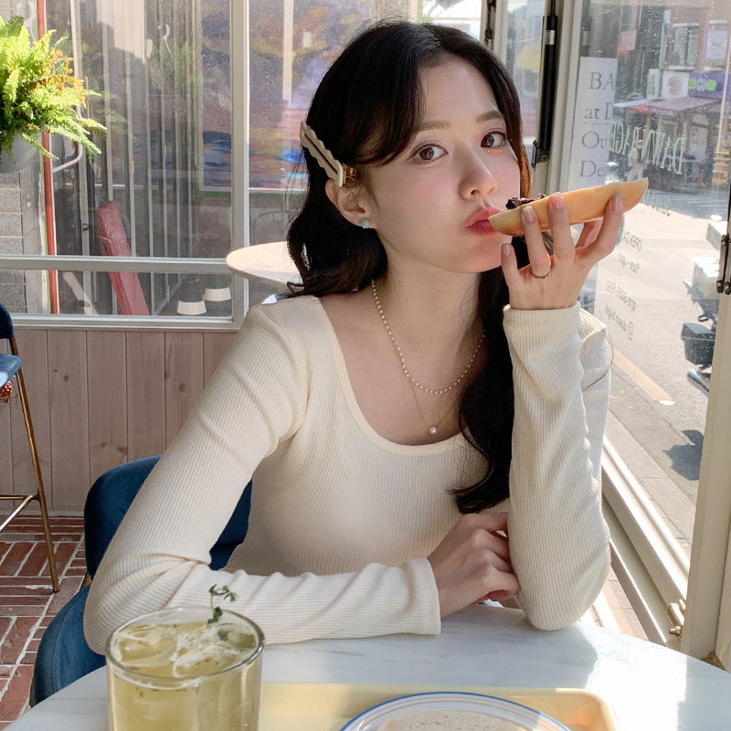 슬림핏 U넥 골지 긴팔 티셔츠 tee