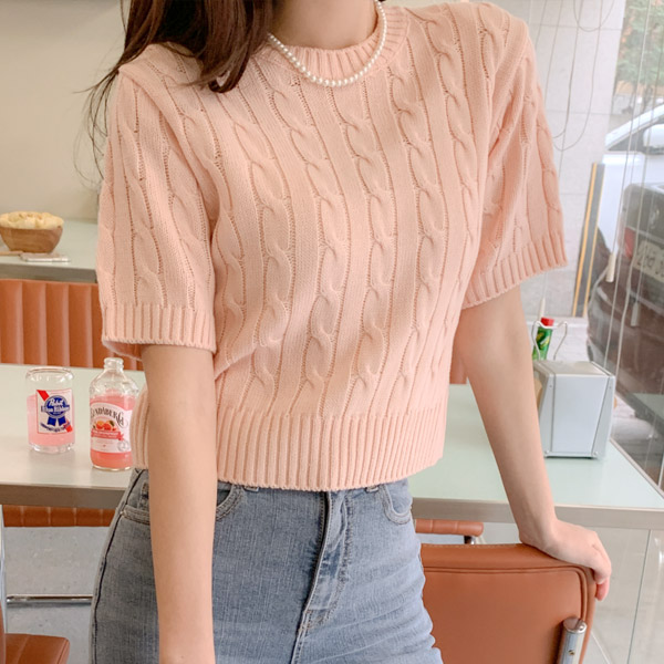 데일리 꽈배기패턴 세미크롭 반팔니트 knit 여름
