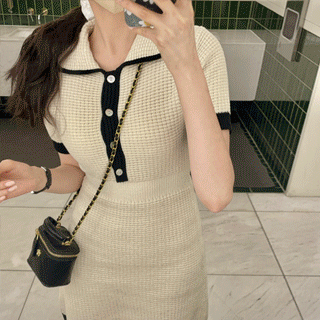op13557 러블리한 무드의 반팔 배색 여름 니트 원피스 dress (카피저렴t상품과 비교불가)