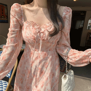 로맨틱 플라워 나염 스모크밴딩 쉬폰 원피스 dress