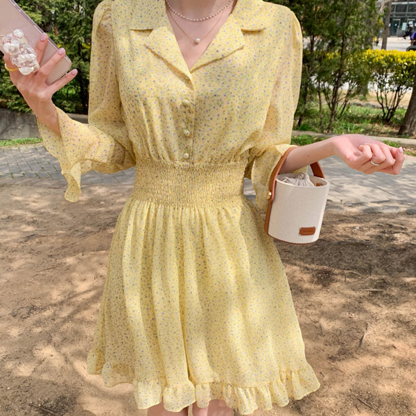 op13748 플라워 패턴의 스모크 밴딩 쉬폰 A라인 미니 원피스 dress