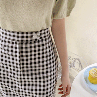 sk5670 체크 패턴의 슬릿 백밴딩 H라인 롱 스커트 skirt