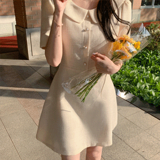 op13829 둥근 플랫 카라 디자인의 트위드 A라인 반팔 미니 여름 원피스 dress