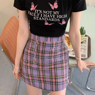 하트 체인 장식의 체크 A라인 미니 스커트 skirt
