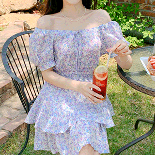 op13875 상큼한 잔플라워 패턴의 캉캉플레어 스모크 여름 원피스 dress
