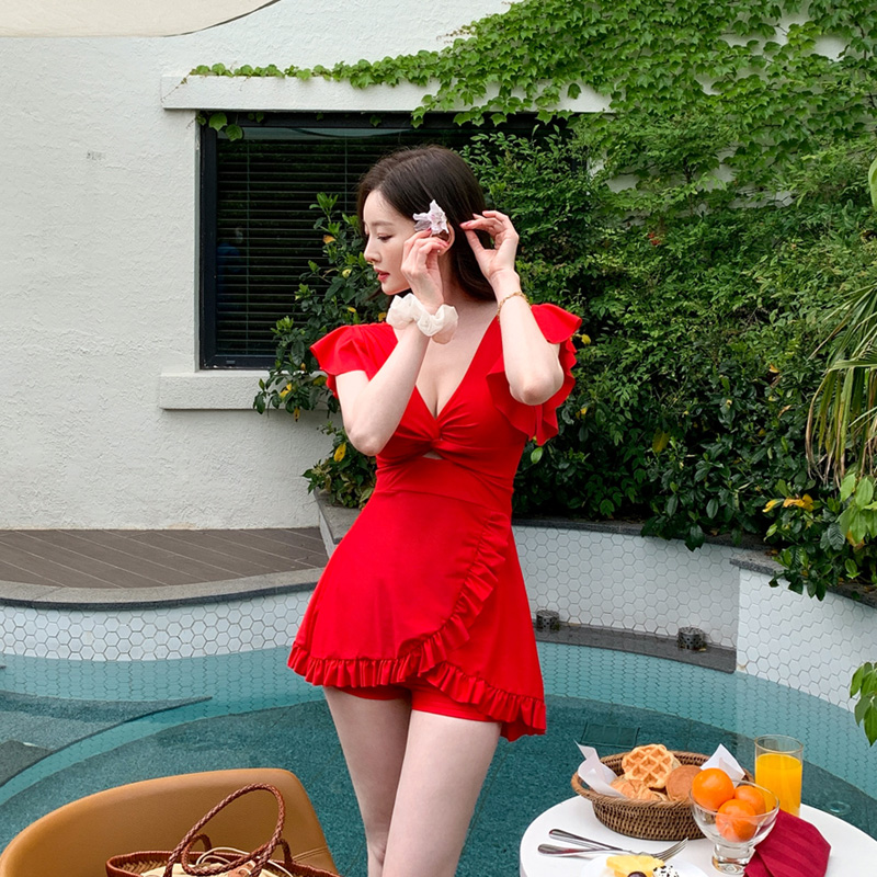 프릴 랩 디자인의 원피스 수영복 팬츠 세트 bikini 벚꽃룩