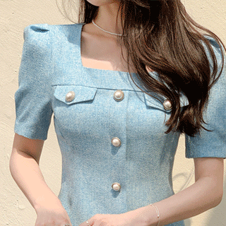 블링한 진주버튼 장식의 퍼프숄더 여름 트위드 원피스 dress