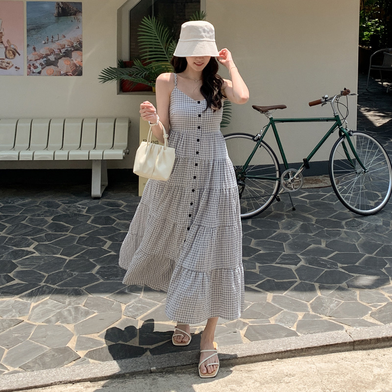 체크 패턴의 캉캉 롱 나시 원피스 여름 dress