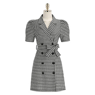 고방체크 패턴의 더블 버튼 벨트 여름 원피스 dress