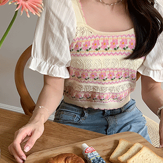 플라워 펀칭 짜임의 배색 퍼프소매 크롭 여름 니트 knit