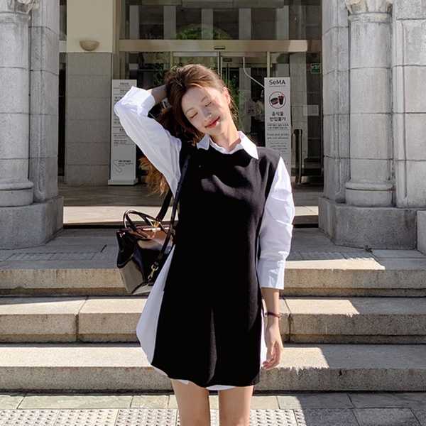 리보닝 니트와 셔츠원피스 투피스 세트