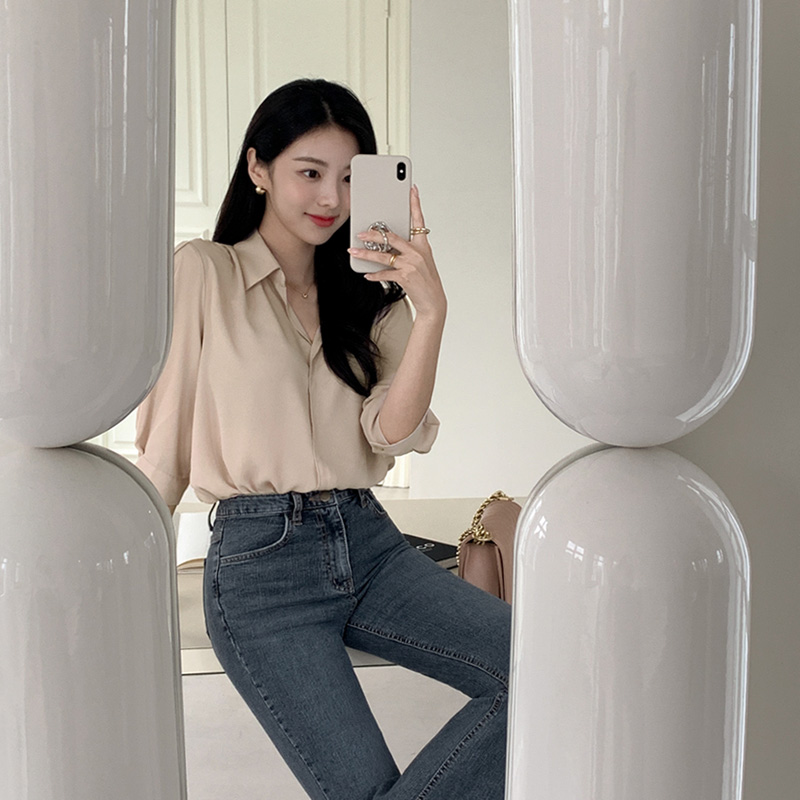 오픈 카라 셔링 숄더 7부 블라우스 blouse