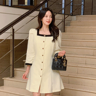 트위드 원단의 퍼프소매 배색 A라인 미니 원피스 dress