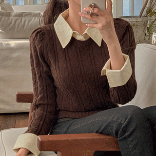걸리쉬한 셔츠 레이어드 디자인의 케이블 니트 knit