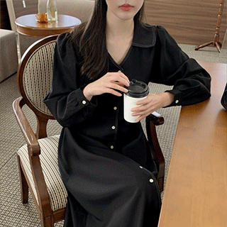 스티치 브이넥 카라 플레어 버튼 가을 원피스