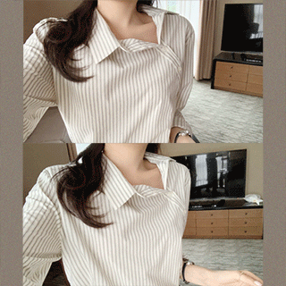 사선 버튼 포인트의 코튼 셔츠 blouse 벚꽃룩