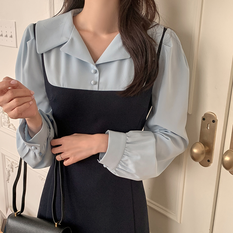 케네디 배색 카라 라인 롱원피스 벚꽃룩