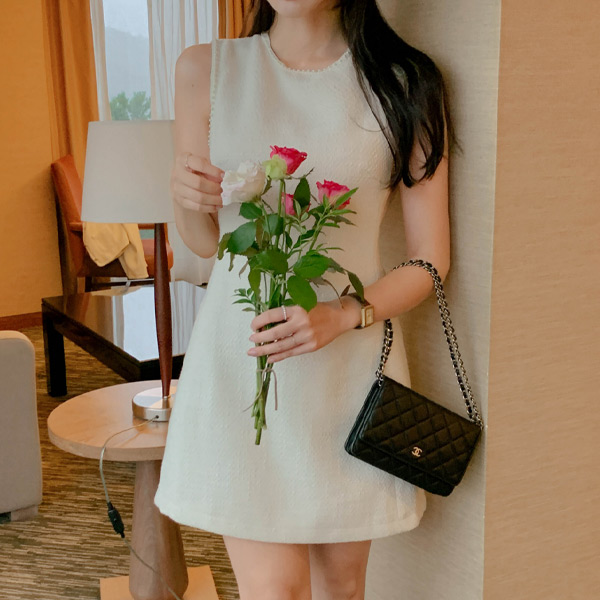 진주 포인트 민소매 트위드 원피스 dress