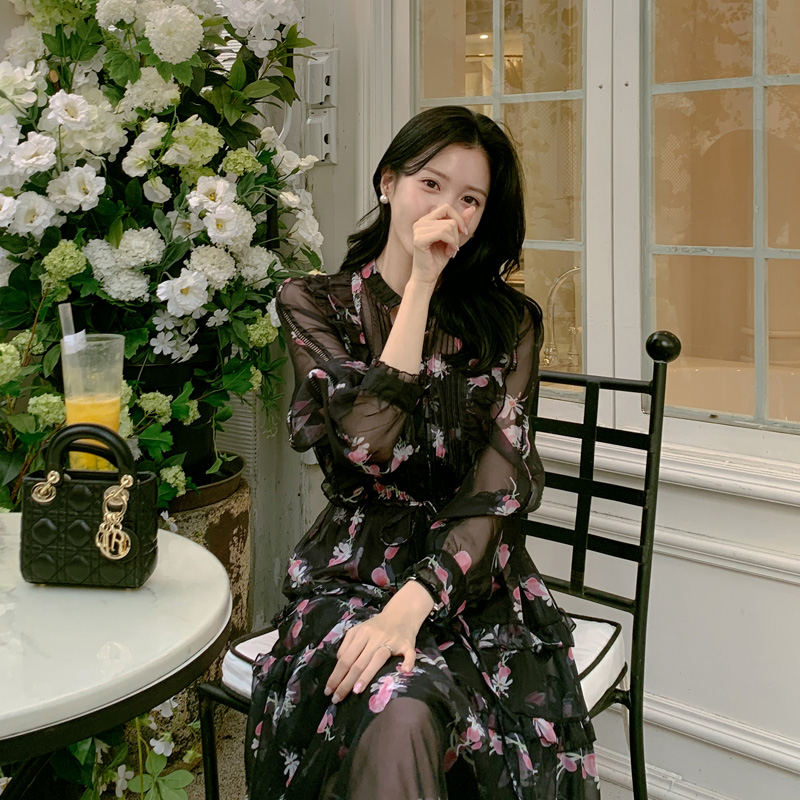 플라워 쉬폰 블랙 롱 원피스