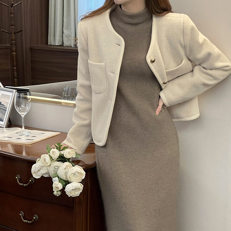 [울50%] 도브 헤어리 울 모직 노카라 자켓 jacket 벚꽃룩