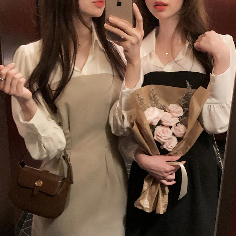 로젠 배색 핀턱 커프스 미니 원피스