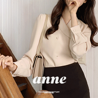 엔느 셔츠 카라 언발 더블 단추 블라우스