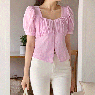 코트니 스퀘어넥 셔링 퍼프 반팔 블라우스