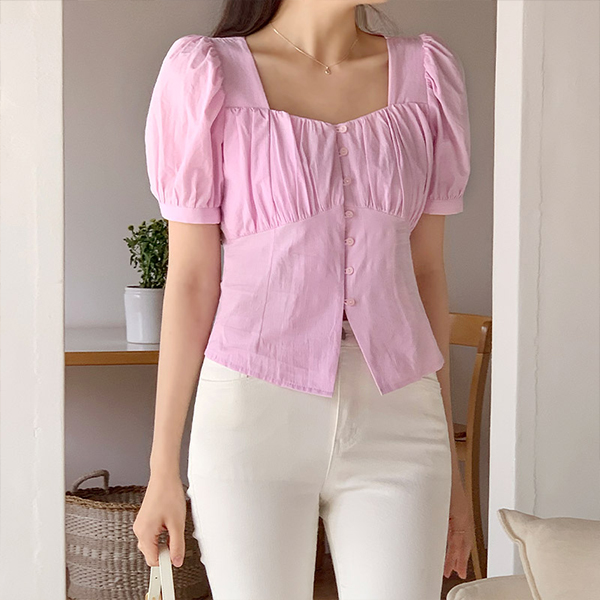 코트니 스퀘어넥 셔링 퍼프 반팔 블라우스