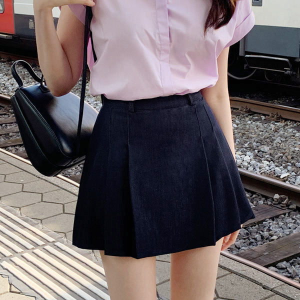 디뮤어 데님 플리츠 A라인 미니 스커트 skirt