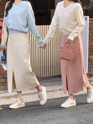 비엔 H라인 코튼 슬릿 롱 스커트