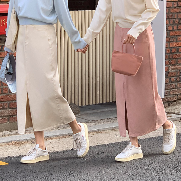 비엔 H라인 코튼 슬릿 롱 스커트