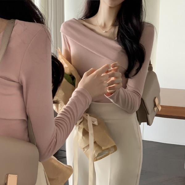 (하객룩/슬림핏) 아쥬르 사선 브이넥 투웨이 긴팔 티셔츠