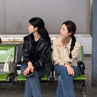 오디너리 크롭 비건 레더 블루종 자켓