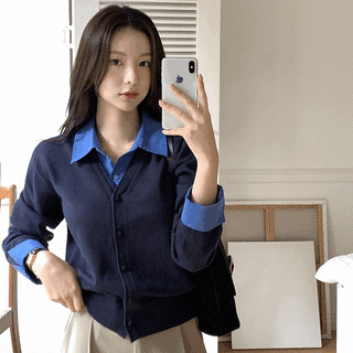 (레이어드한듯!) 케이트 셔츠 레이어드 니트 가디건