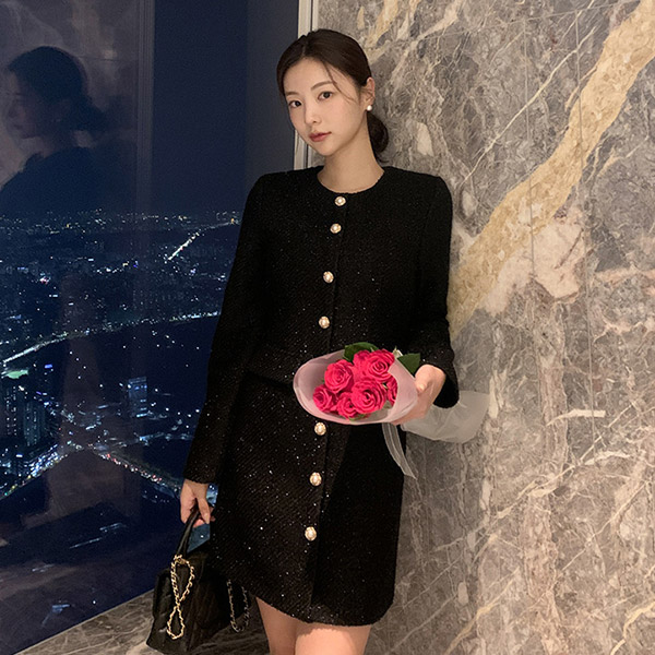 [울함유] (MADE/Premium) 셀린 진주버튼 트위드 원피스