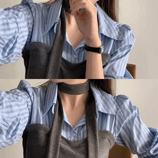 (타이세트/스트라이프버전추가!!) 러비 레이어드 배색 타이 셔츠 블라우스